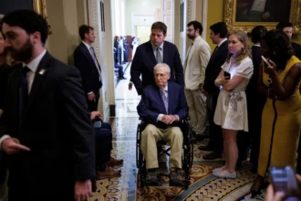 US Senator Mitch McConnell arrives at the Capitol amid renewed attention to his health following hospitalization.